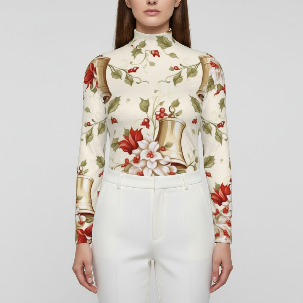 Eco-Friendly All-Over Print Women's Turtleneck T-shirt With Long Sleeve