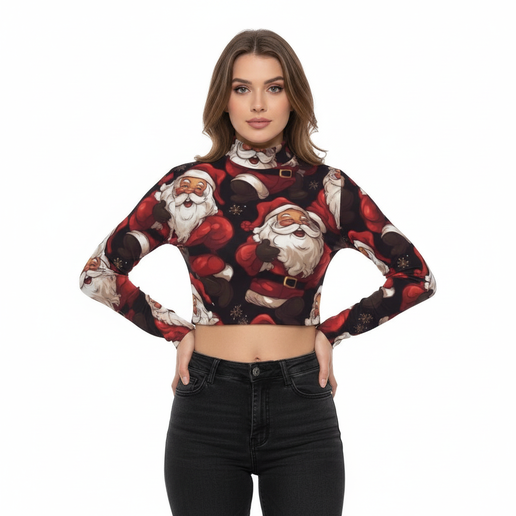 Eco-Friendly All-Over Print Women's Turtleneck T-shirt With Long Sleeve