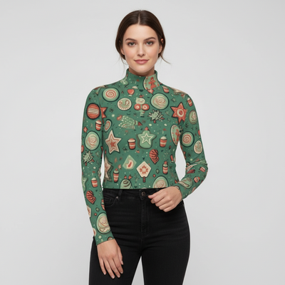 Eco-Friendly All-Over Print Women's Turtleneck T-shirt With Long Sleeve